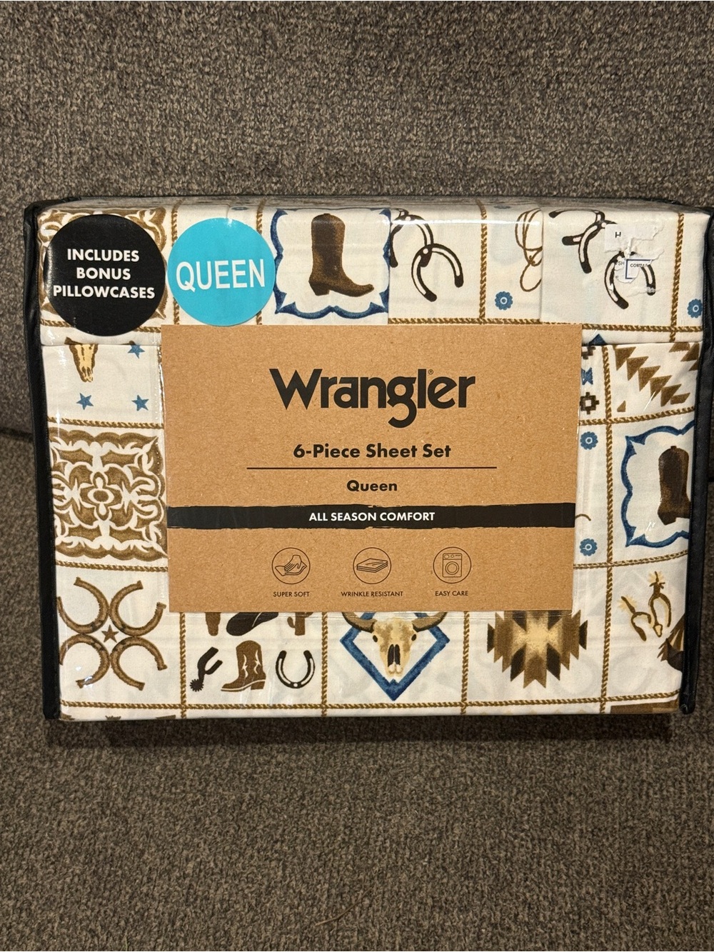 Wrangler Queen 6-Piece Sheet Set - White and Brown Western Pattern